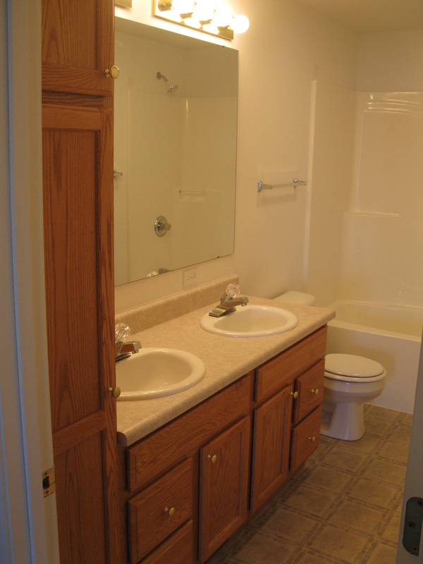 Main bathroom with his and hers sinks in 400 Place Town home